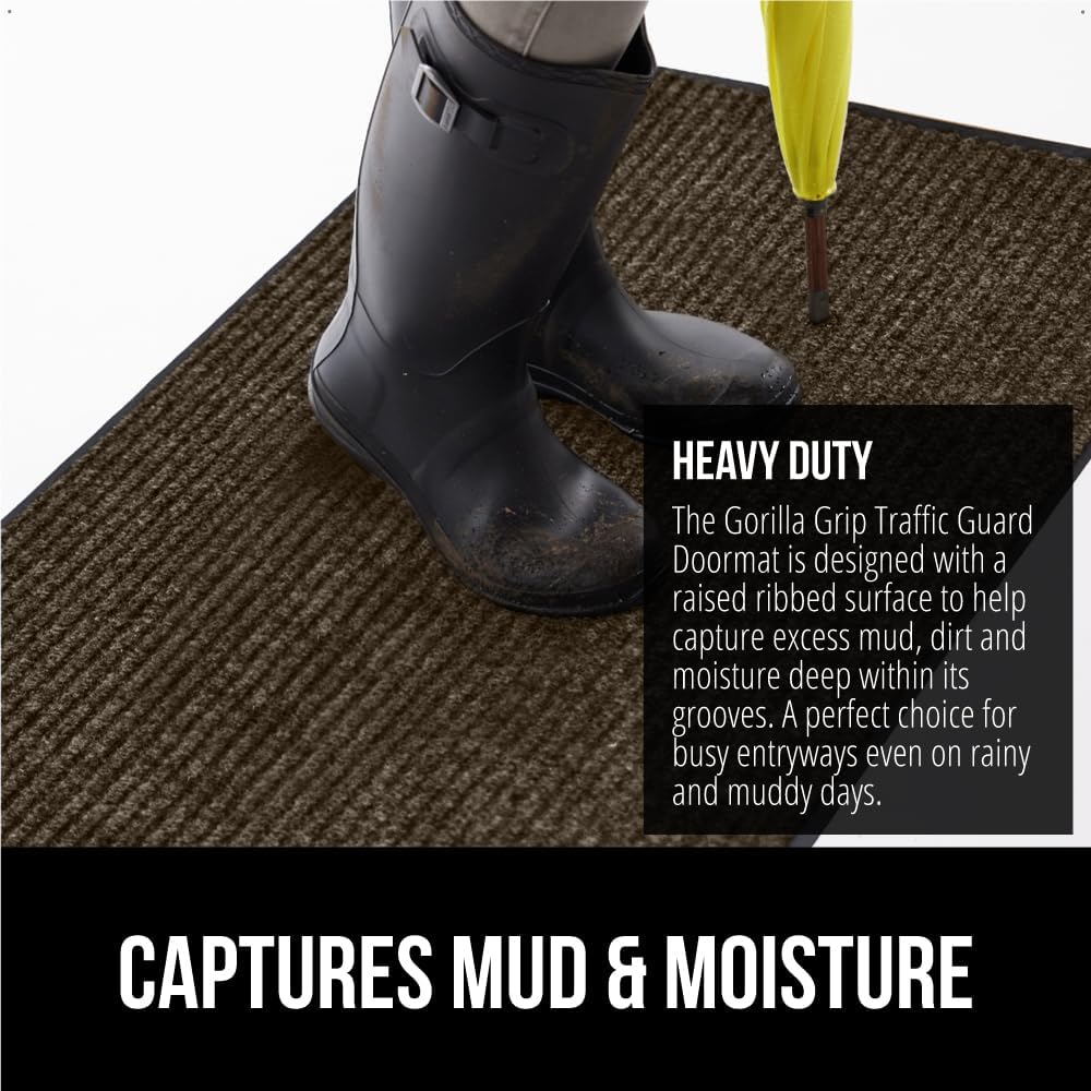 GORILLA GRIP Traffic Guard Door Mat, 72x48, Heavy Duty Welcome Mats, Commercial Office Space Doormat, Waterproof, Fade Resistant, Strong Rubber Backing, Low Profile, Shoe and Boot Scraper, Brown