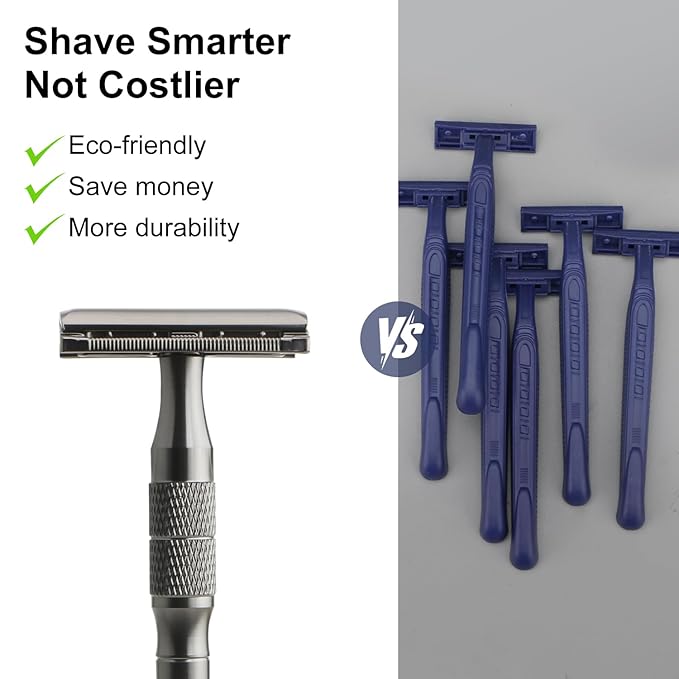 Gun Black Double Edge Safety Razor with Stand, Single Blade Razors for Men and Women, with 10 Safety Razor Blades, Smooth & Close Shave, Plastic Free
