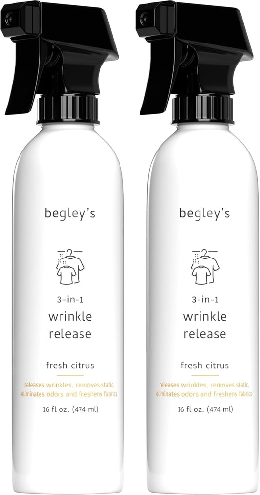Begley's 3-in-1 Wrinkle Remover, Quick Fix Wrinkle Release, Static Cling Remover, Odor Eliminator and Fabric Refresher Spray - USDA Certified Biobased - Citrus, 16 oz, 2 Pack