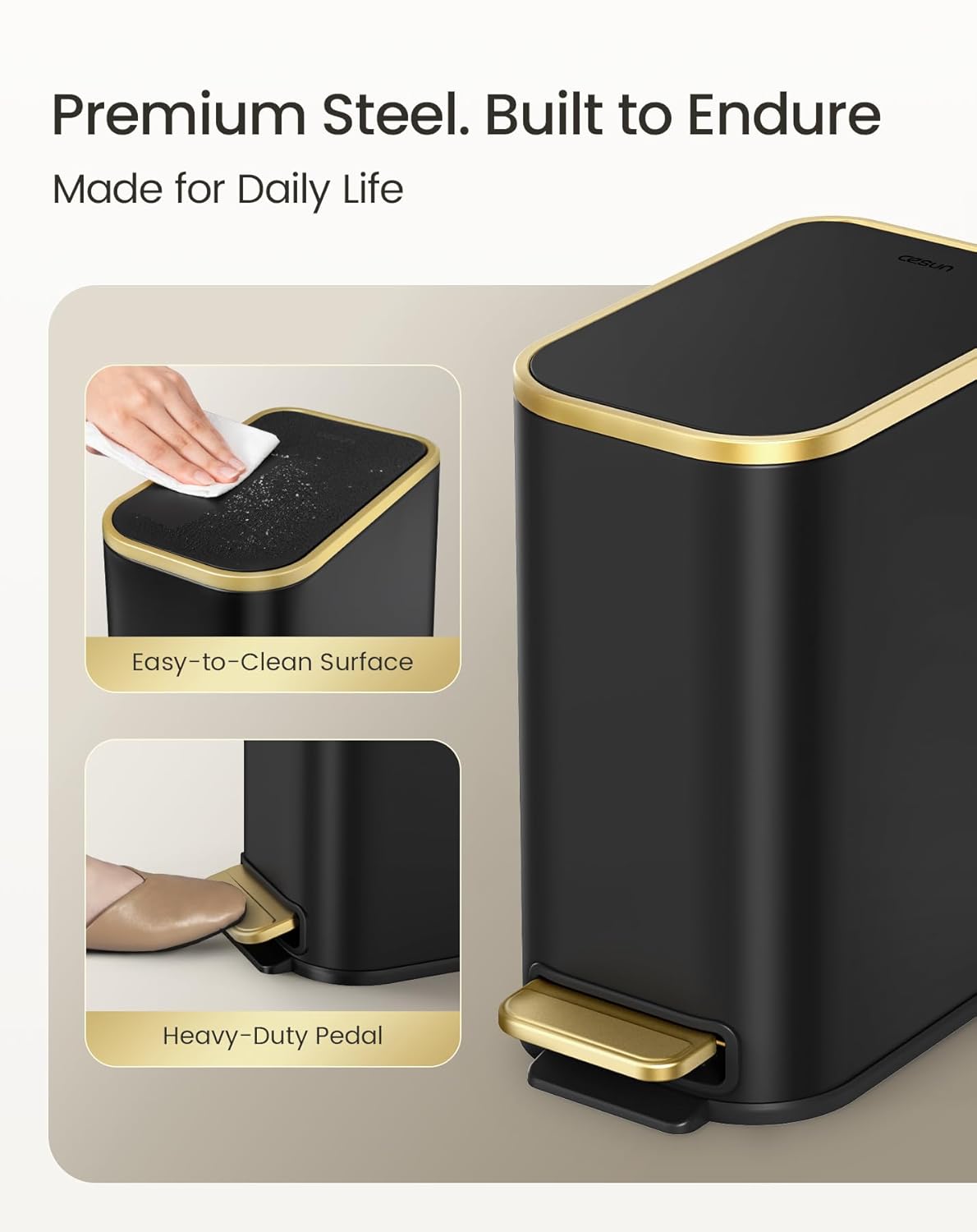 Cesun Small Bathroom Trash Can with Lid Soft Close, 5 Liter/1.3 Gallon Stainless Steel Garbage Can with Removable Inner Bucket, Step Pedal, Slim Waste Basket for Toilet, Office, Bedroom (Black&Gold)