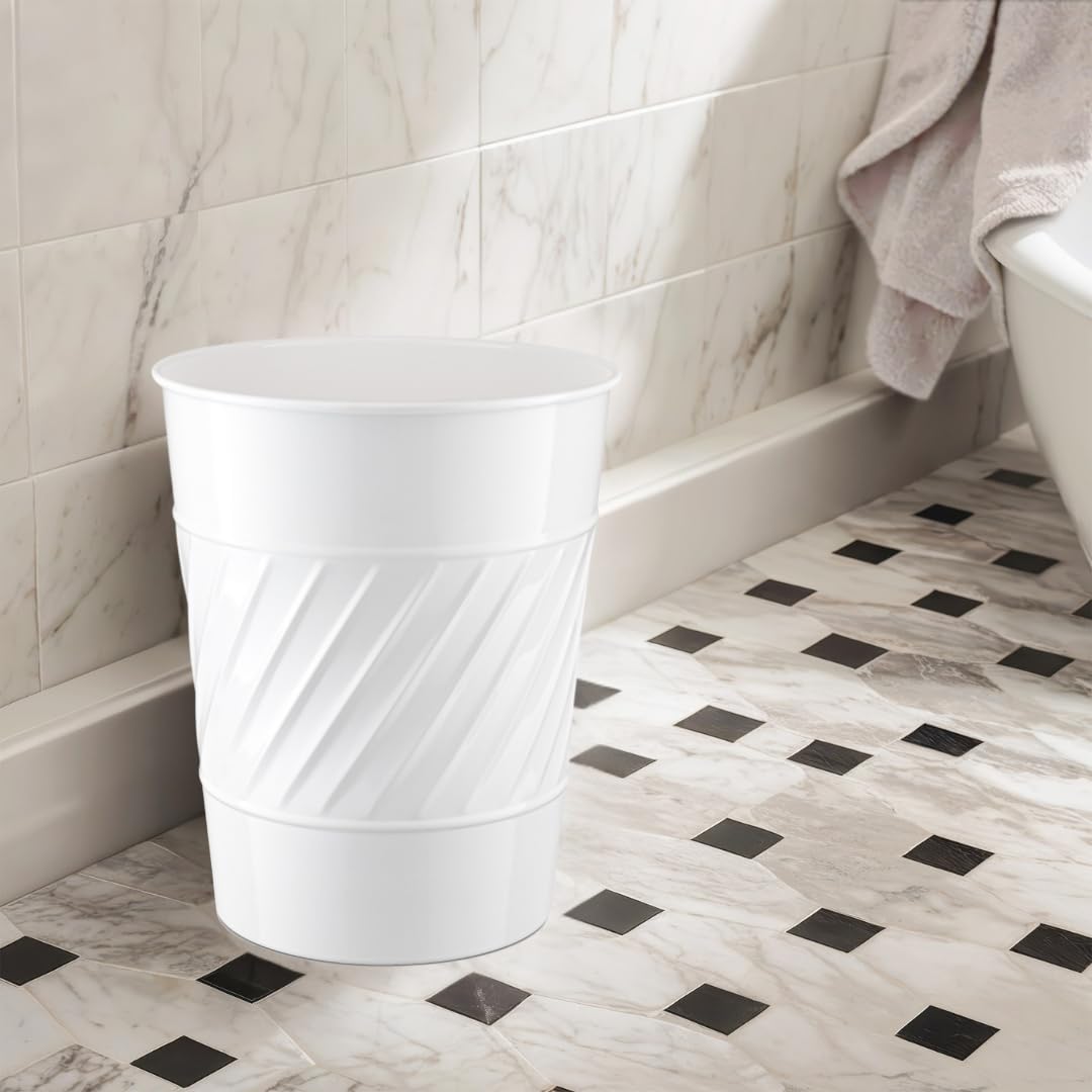 Monarch Abode White Handcrafted Wave Embossed Metal Wastebasket for Home Office Bedroom, Decorative Waste Basket, Modern Bathroom Garbage Can, Durable & Decorative Trash Bin, White Bathroom Trash Can