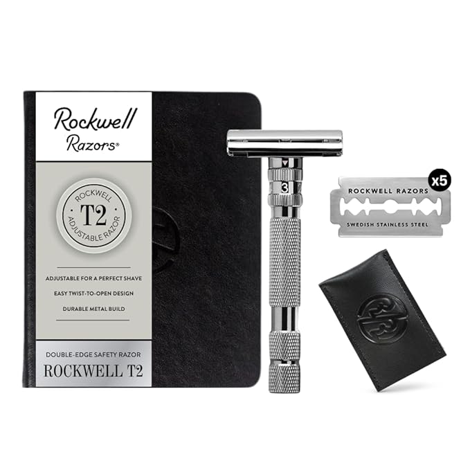 Rockwell T2 | Twist-To-Open (TTO) Double-Edge Safety Razor | Full Metal | Includes 5 Fully Recyclable Stainless Steel Blades (Gunmetal Chrome)