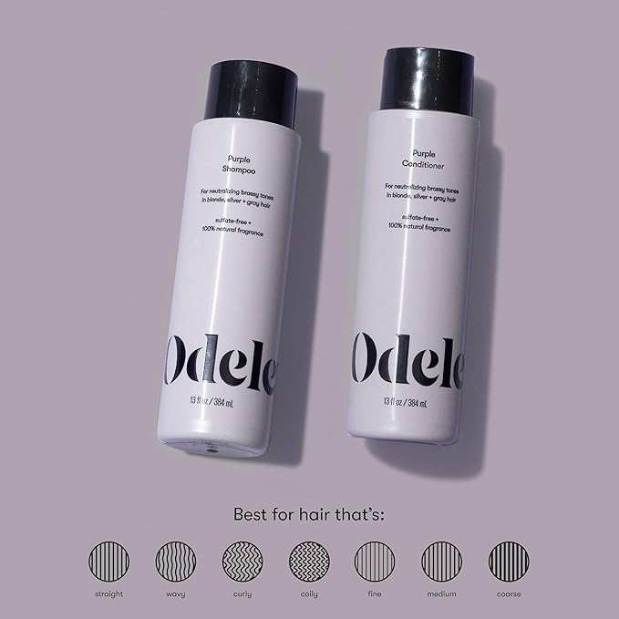 Odele Sulfate-Free Purple Shampoo & Conditioner Set for Neutralizing Brassy Tones in Blonde, Silver + Gray Hair, 13 Fl Oz Each (2-Pack)
