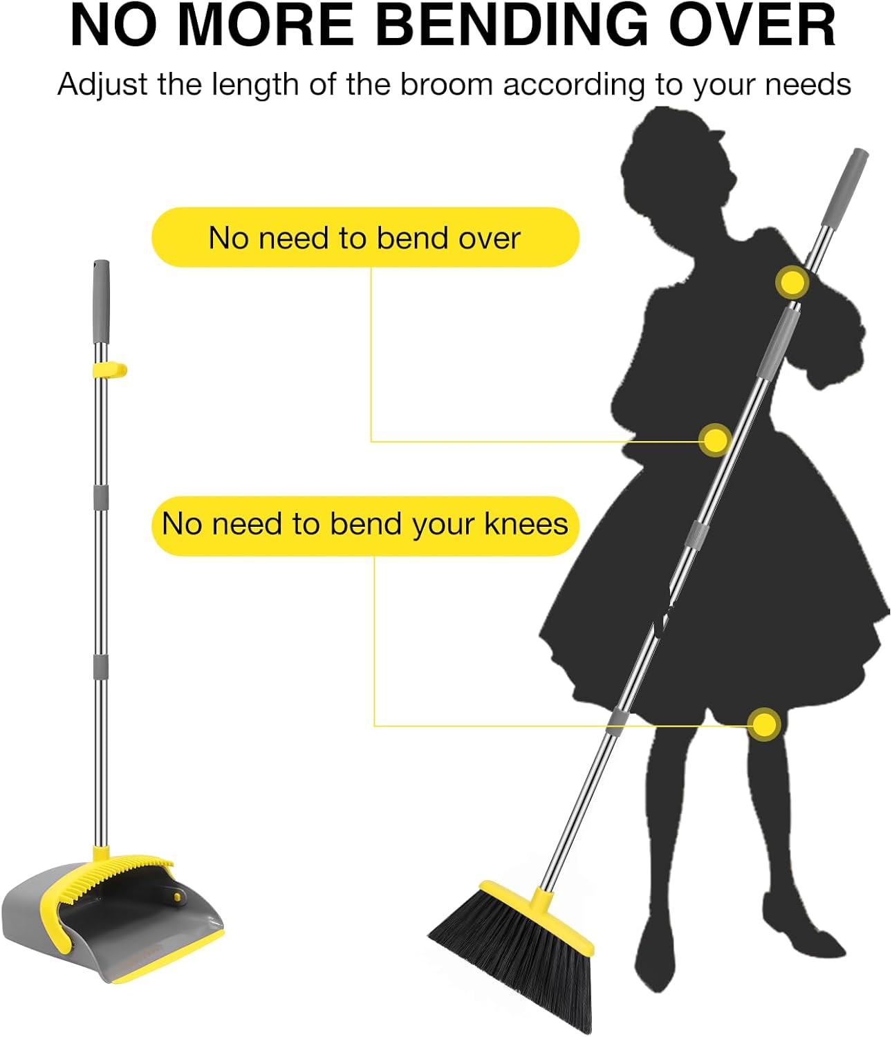 NACENA Broom and Dustpan Set, 52-in Long Adjustable Handle Broom Dustpan Combo with Dustpan Teeth to Automatically Clean Hair Suitable for Home Kitchen Office Hall Floor (Grey&Yellow), 4 Pack