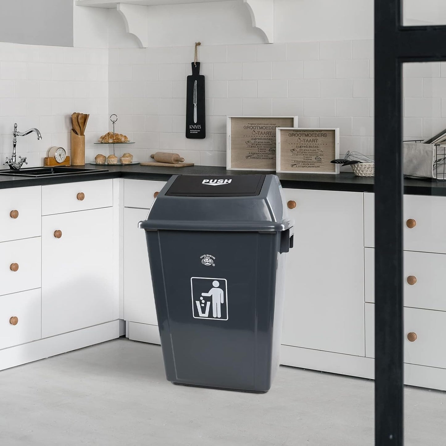 4 Packs Large Garbage Bin with Lid, Plastic Kitchen Waste Bin, 13 Gallon, Grey