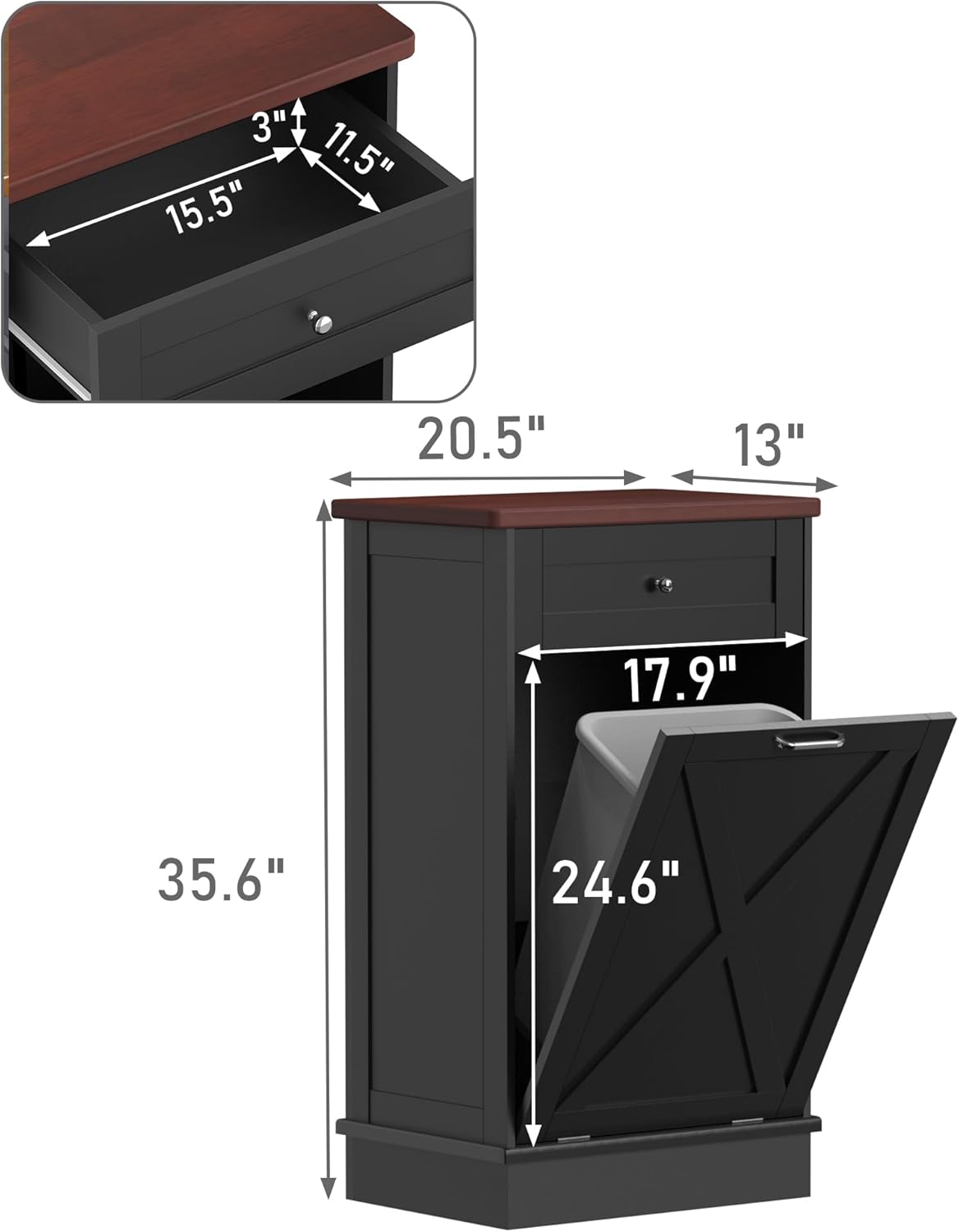 Betterhood Tilt Out Trash Cabinet 10 Gallon Wooden Free Standing Laundry Sorter, Recycling Cabinet with Hideaway Drawer, Tilt Out Trash Can Bin (Black) 35.6 H x 20.5 L x 13 W