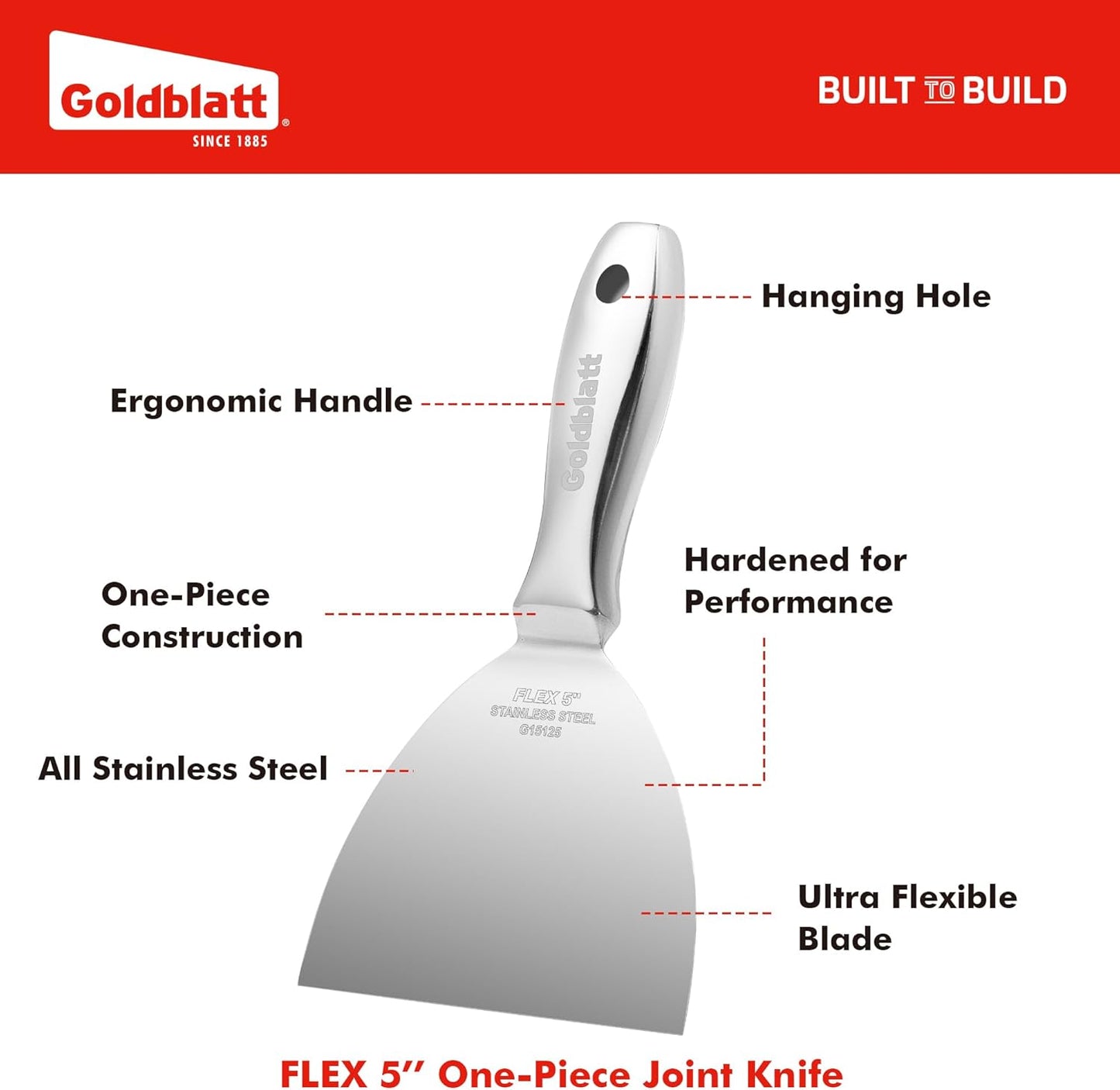 Goldblatt 5" Putty Knife, One-Piece Paint Scraper Tool, All Stainless Steel Joint Knife with Flexible Blade, Seamless Design, Metal Ergonomic Handle - for Drywall Repairing, Finishing and Scraping