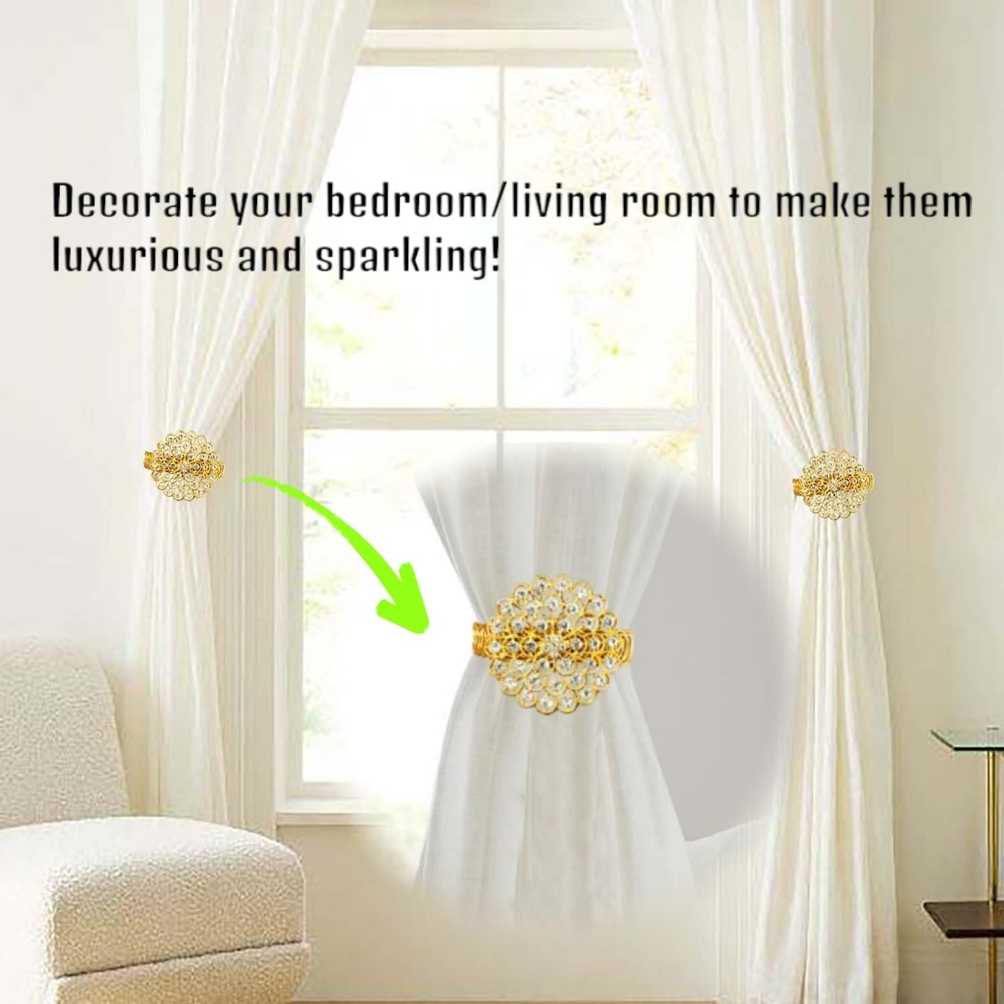 2 Pack Crystal Flower Curtain Tiebacks – Decorative Spring Wire Buckle Clips with Sparkling Rhinestone Flower Design, No Drilling, Easy Fit for Drapes & Sheers (Silver)