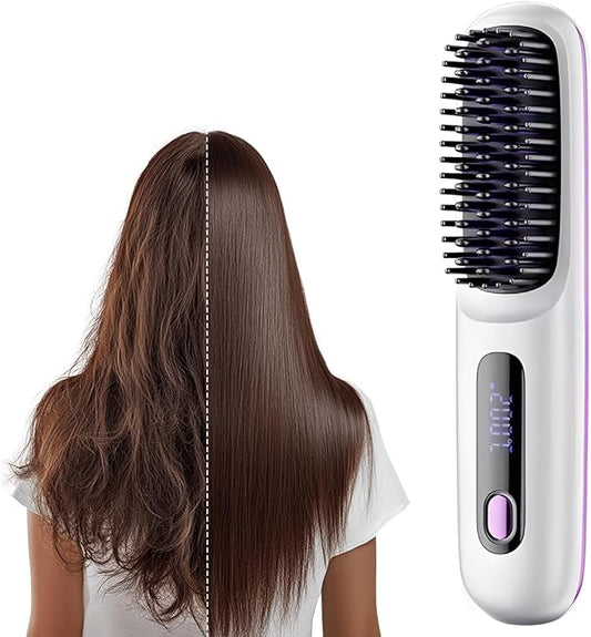 Go Brush Pro, 2025 New Go Brush Pro, Portable Straightener Brushs for Travel, with LCD Temperature Display, Fast Heating Cordless Mini Hair Brushs (White)