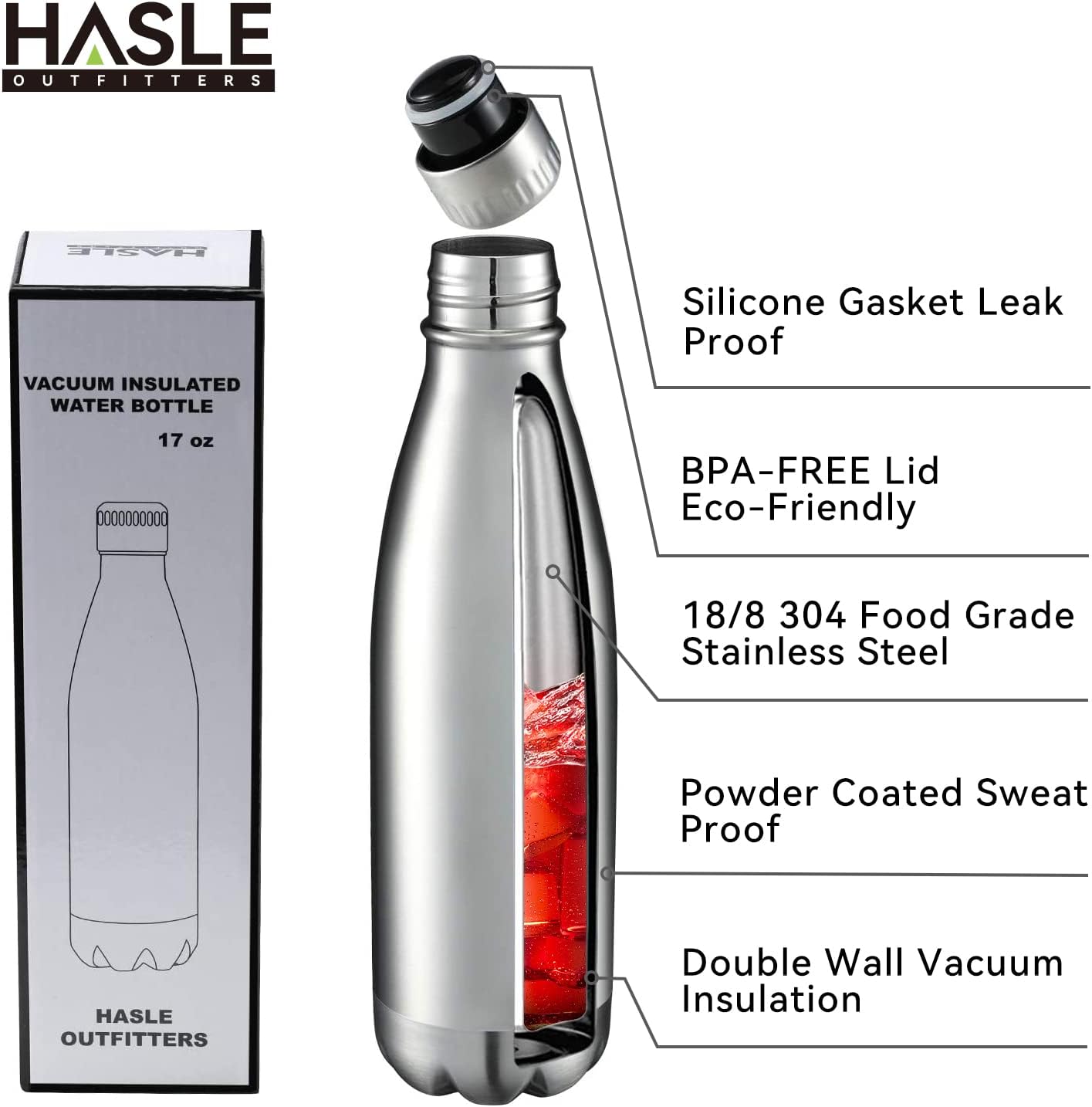 HASLE OUTFITTERS 17oz Stainless Steel Water Bottles Bulk, Vacuum Insulated Water Bottles Double Walled Reusable Metal Sports Water Bottles Keep Drinks Hot and Cold, Stainless, 4Packs