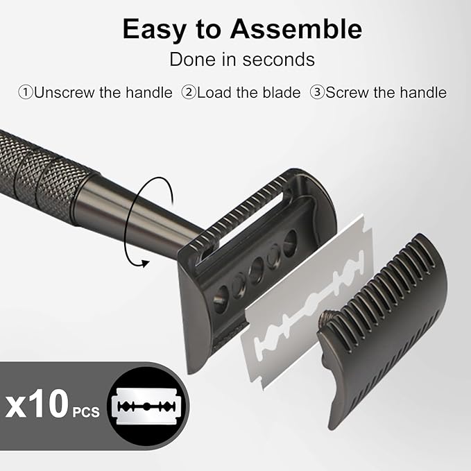 Stainless Steel Safety Razor with 10 Blades, Reusable Metal Single Blade Razors for Men, Long and Heavy Duty Handle, Smooth Close Gentle Shave, Black
