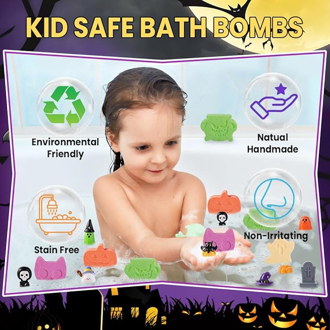 12Pcs Halloween Bath Bombs with Surprise Toys Inside, Trick or Treat Present Set Ghost Shape Organic Natural Bubble Bath Fizzy for Kids Boys Girls