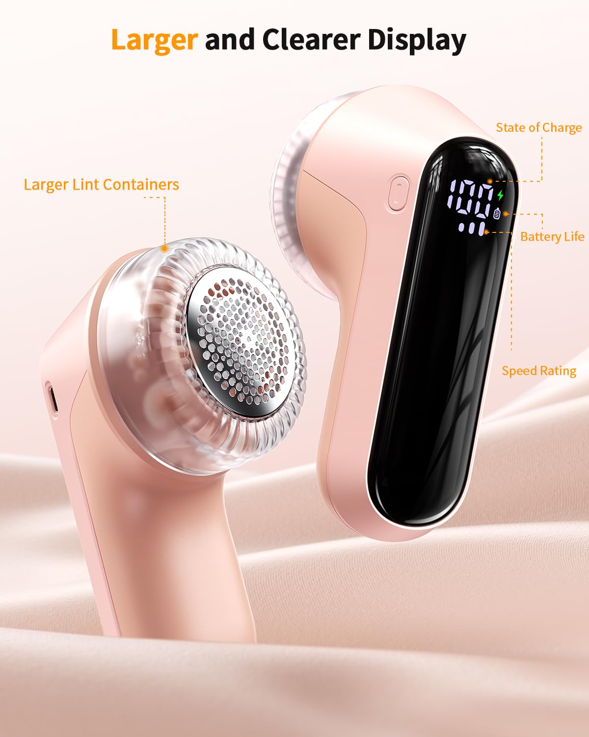 Fabric Shaver, Rechargeable Lint Shaver with Digital Display, Electric Portable Sweater Shaver with 6-Leaf Blades and Safety Lock, 3-Speeds Lint Remover to Remove Pilling for Clothes, Couch (Pink)