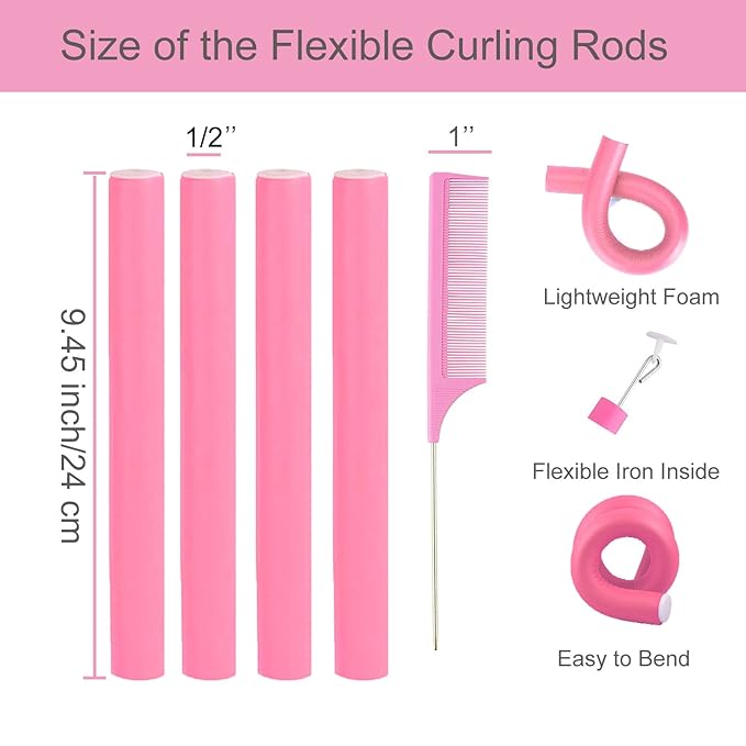 38PCS Flexible Curling Rods, 9.45" FlexiRods for Natural Long Hair, No Heat Heatless Bendy Foam Hair Curlers, with 2 Steel Pintail Combs