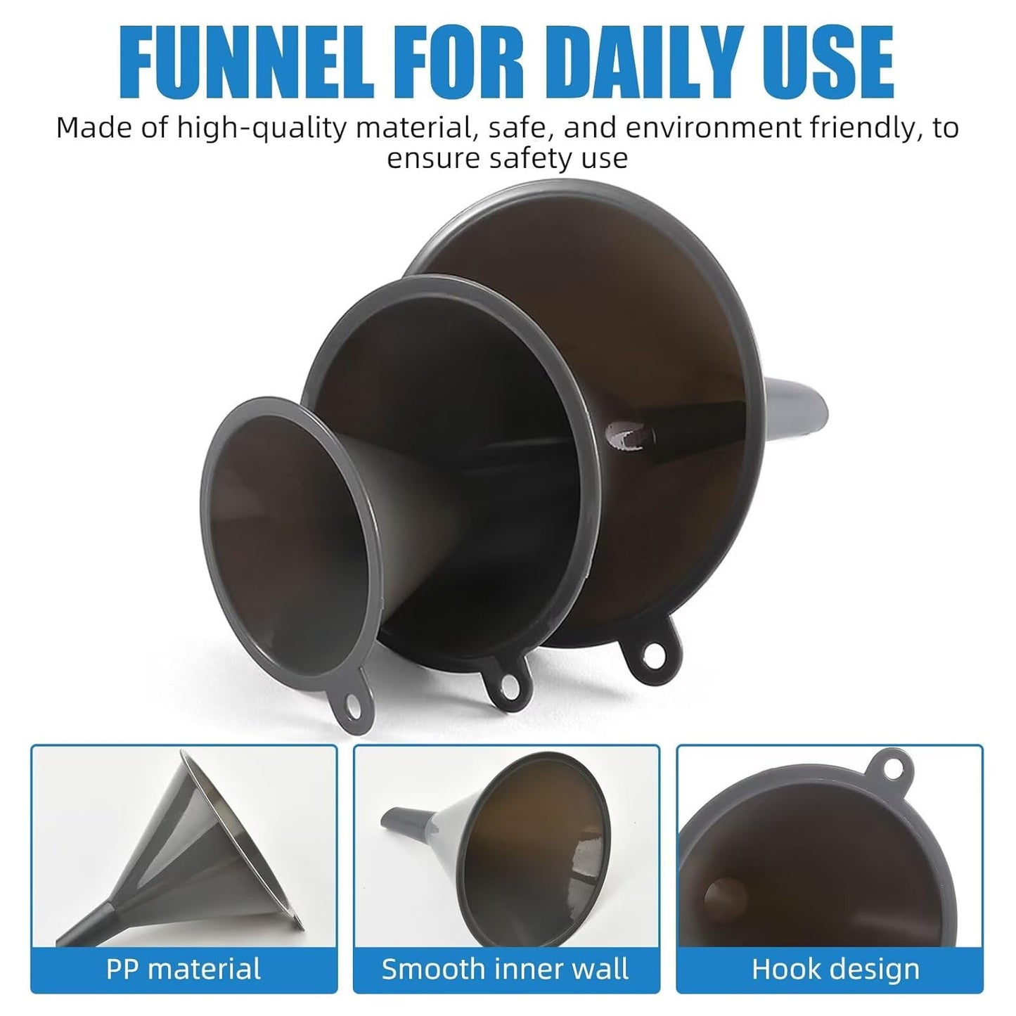 Plastic Kitchen Funnel Set of 3, Round Kitchen Funnels for Filling Bottles, Durable and Multifunctional Funnels for Filling Canning, Cooking, Lab or Car Oil (Gray)