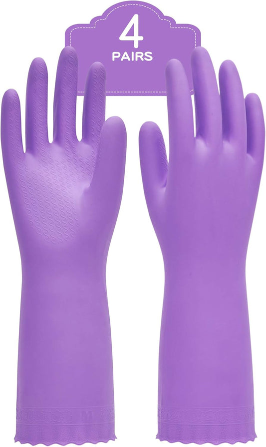 PACIFIC PPE 4 Pairs Reusable Dishwashing Cleaning Gloves with Latex Free, Cotton Lining, Kitchen Gloves, Purple, Medium