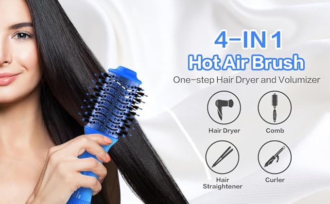 Dan Technology Blow Dryer Brush Hair Dryer Brush Hot Air Blowout Brush 120V 3 Speeds Oval Shape Volumizer Straightener Brush Faster Drying Mini Size Lightweight (Blue)