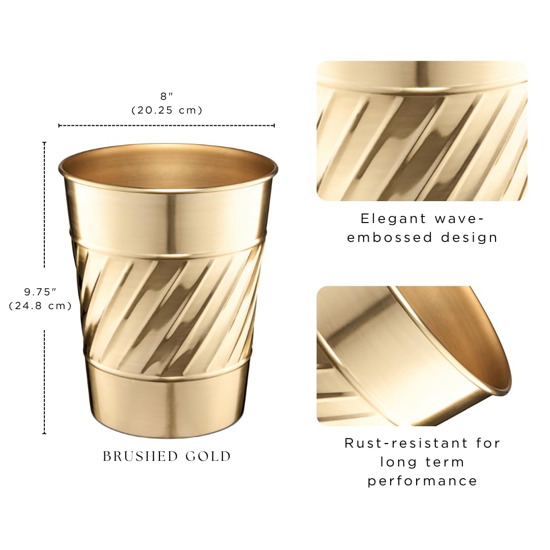 Monarch Abode Brushed Gold Handcrafted Wave Embossed Metal Wastebasket for Home Office, Decorative Waste Basket, Modern Bathroom Garbage Can, Durable & Decorative Trash Bin, Brushed Gold Trash Can