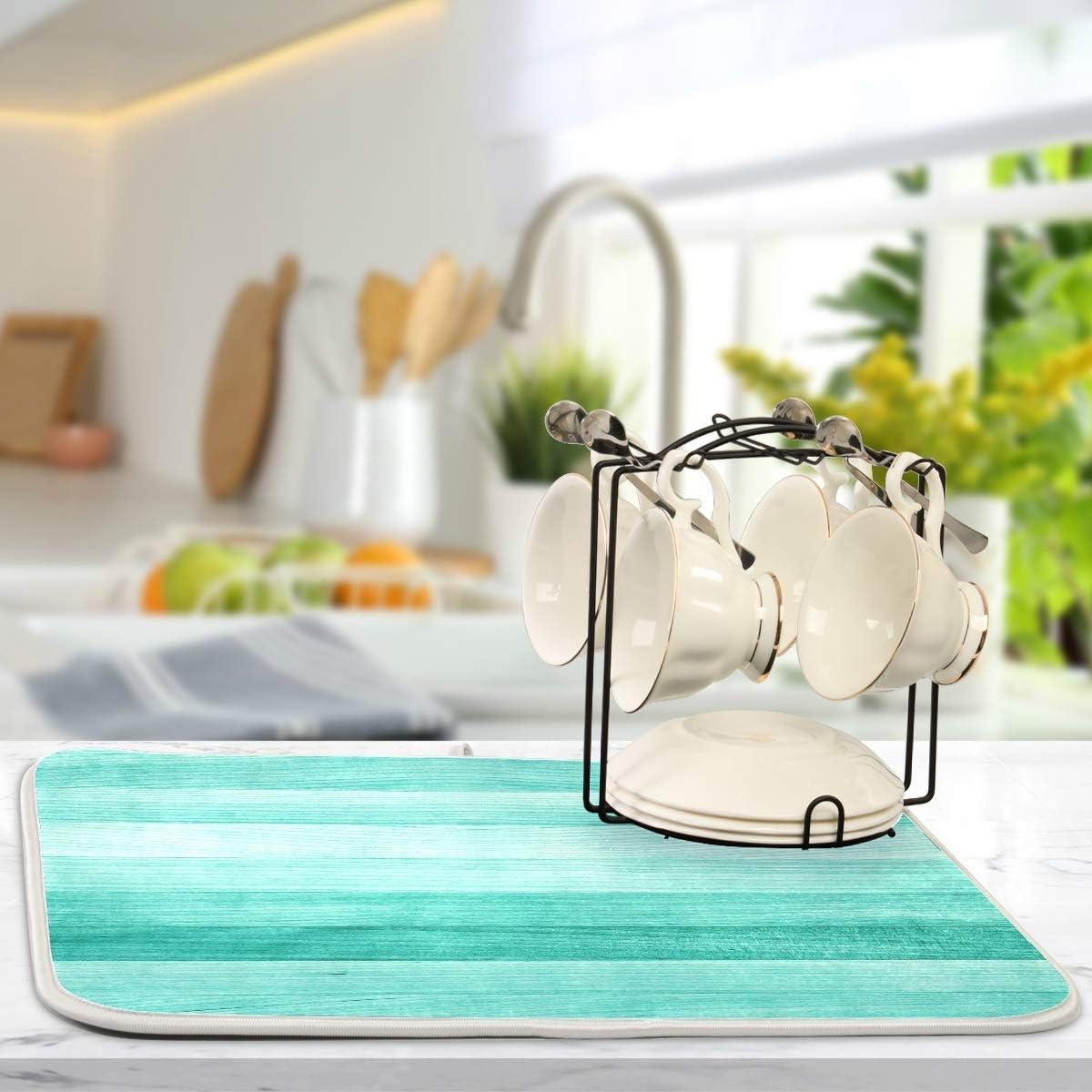 Teal Turquoise Green Wood Texture Dish Drying Mat 16x18 for Kitchen Green Blue Wooden Printing Dishes Pad Dish Drainer Rack Mats Absorbent Fast Dry Kitchen Accessories