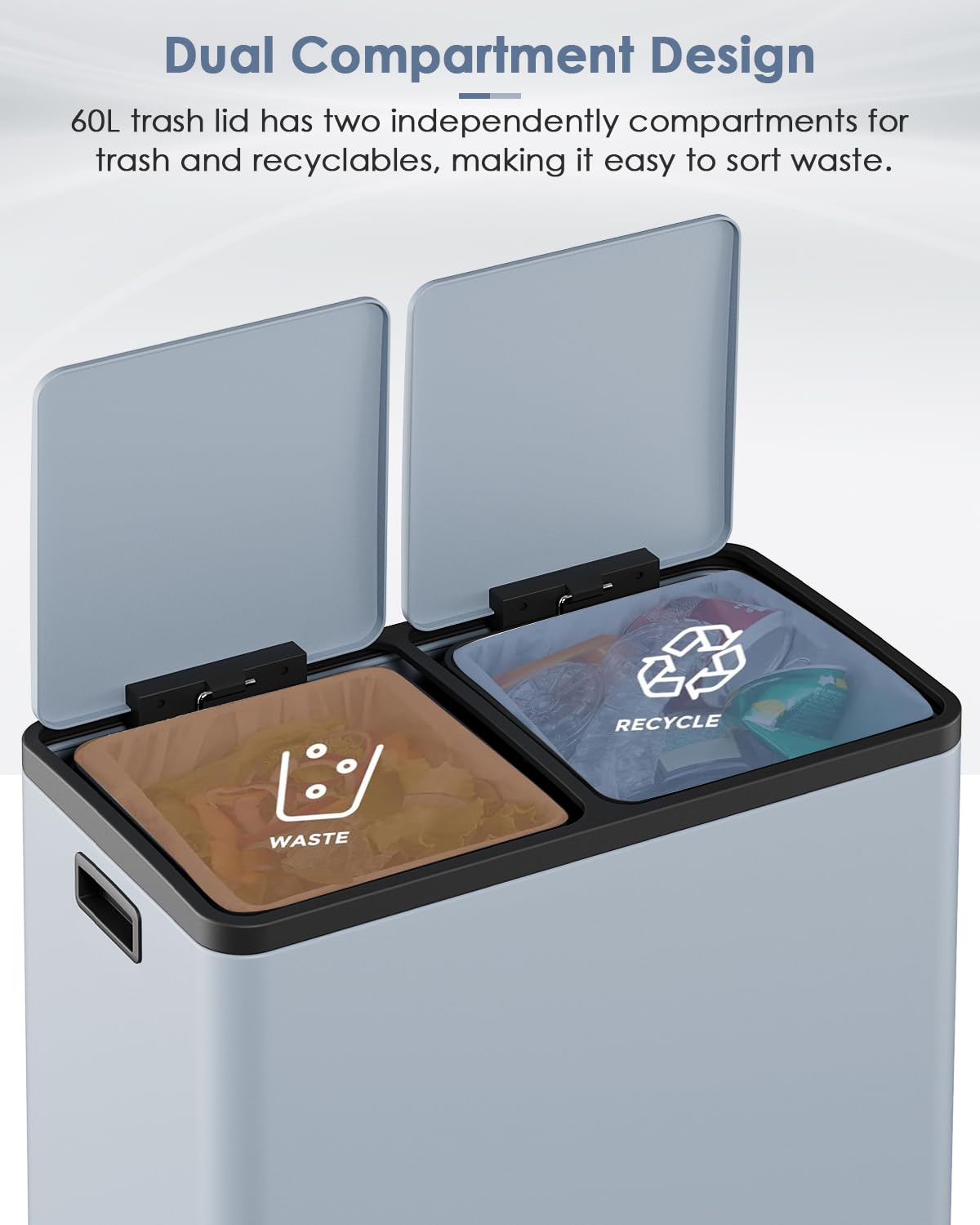 AthLike 60L(16 Gal) Dual Trash Can, Stainless Steel Kitchen Garbage Can, Double Compartment Classified Rubbish Bin, Recycle Dustbin w/Plastic Inner Buckets, Soft-Close Lid, Airtight (Haze Blue)