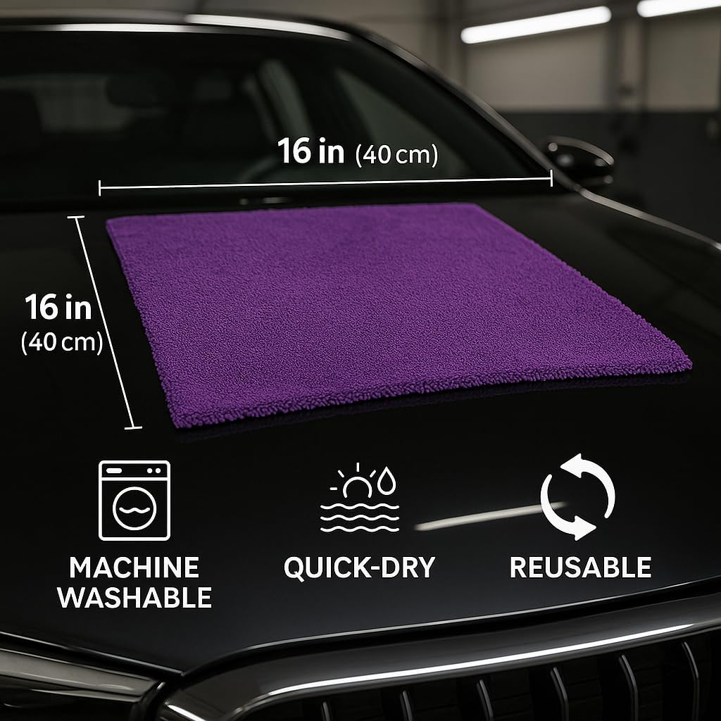 Paks - Edgeless Microfiber Towels 4-Pack - Car Detailing Wash Cloths for Cleaning - 16x16 Car Drying Towel - Lint Free Auto Rags for Polishing & Buffing - Purple & Grey Cleaning Supplies