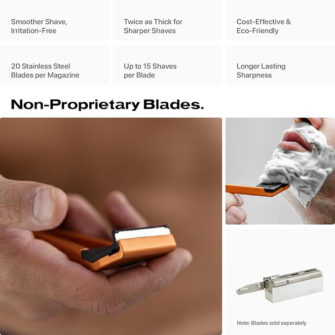 HYPE X1 Safety Razor Custom Pro Set - Magnetic Comfort (C), Sensitive (S) & Ultra-Close (UC) Shave Settings, 20 Non-Proprietary Blades - Single Blade Gentle Shaving Razors For Men and Women - Orange