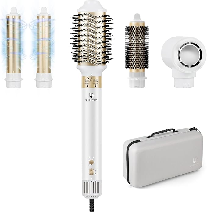 5 in 1 Hot Air Brush Hair Dryer Air Styler - 110,000 RPM Fast Drying, Curling, Straightening with Ceramic Coating & Negative Ion, No Heat Damage for All Hair Types, Includes Travel Case (White)