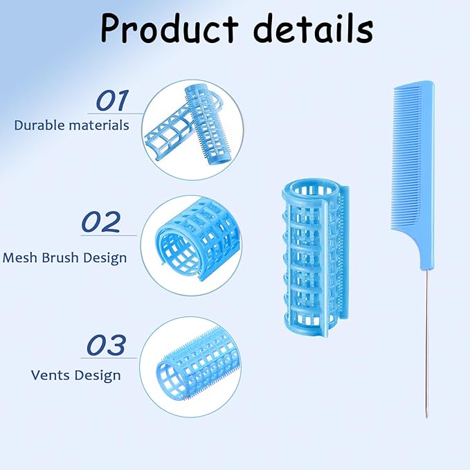 ZMD 24PCS Plastic Hair Rollers Set, 0.8Inch/2cm Snap on Rollers Curlers for Fine Thin Hair Heatless Self Grip Rollers with Mini Comb for Women/Men Medium Short Hair (Blue)
