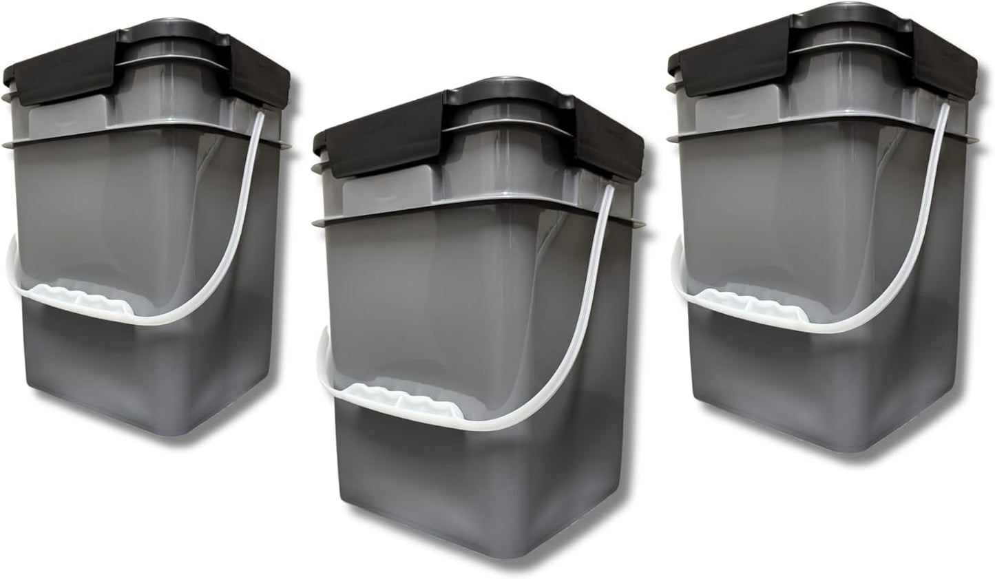 House Naturals 4 Gallon Square Food Grade Bucket Pail with Plastic Handles and Lid (Pack of 3) Made in USA containers (Gray)