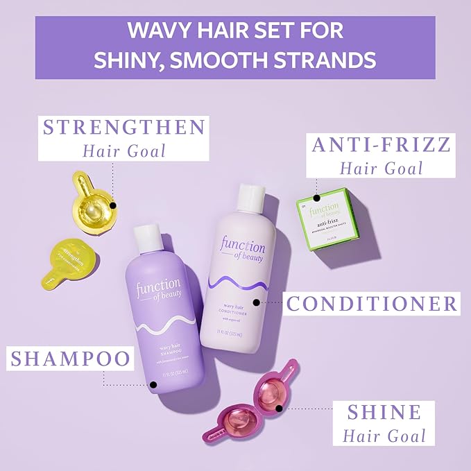 Function of Beauty Wavy Hair Shampoo + Conditioner (11 oz Each) + Shine, Strengthen, & Anti-Frizz #HairGoal Boosters Set - Sulfate-Free, Formulated to Enhance Glossiness & Natural Shine