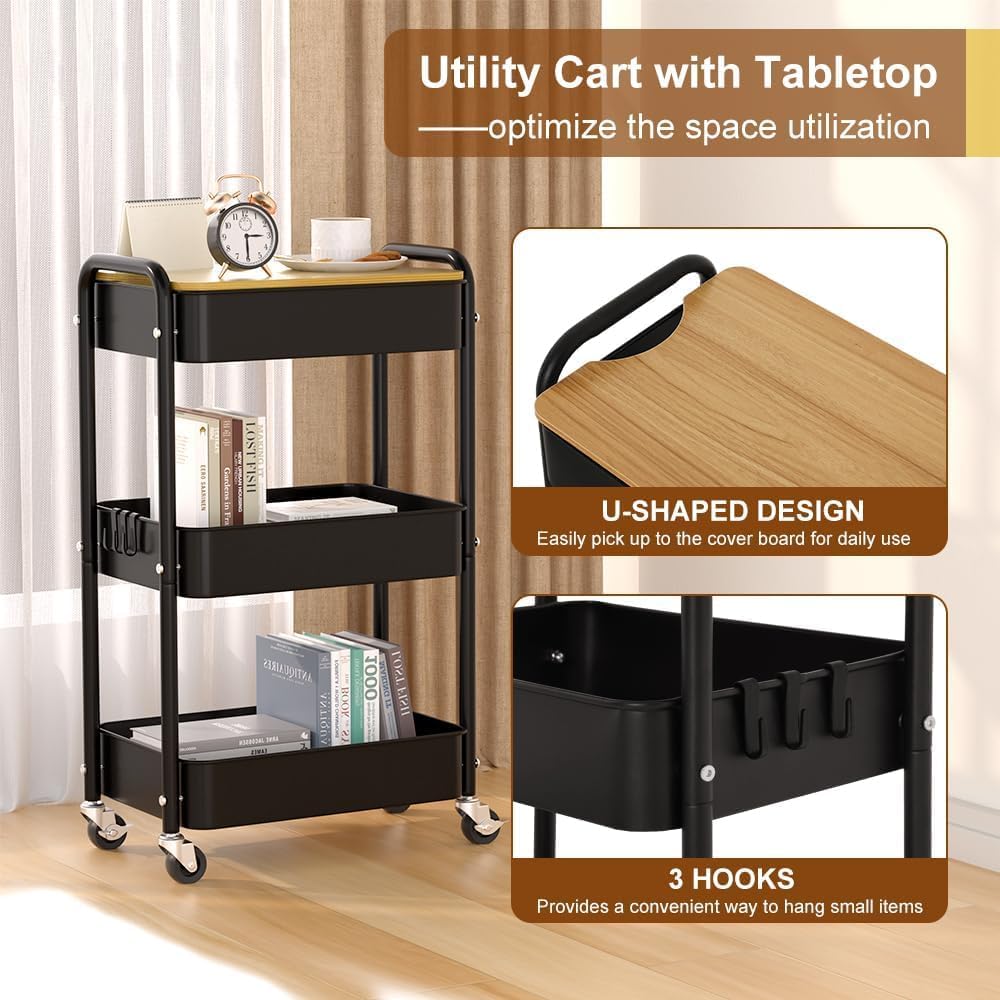 3 Tier Metal Utility Cart, Rolling Storage Cart with Wooden Tabletop, Metal Organizer Cart with Lockable Wheels for Office, Bedroom, Kitchen and Living Room (Black)