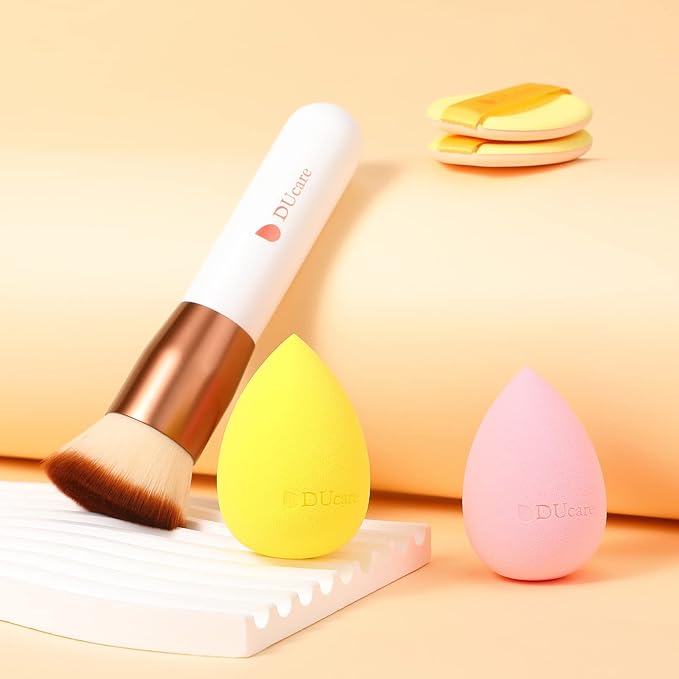 DUcare Foundation Brush with Makeup Sponges Puff Flat Top Kabuki Brush for Liquid Blending Mineral Powder Buffing Stippling