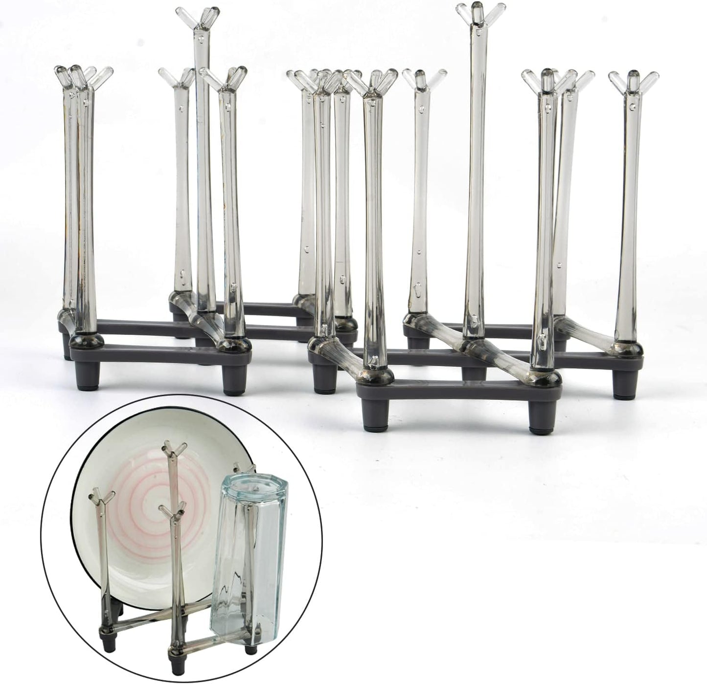 2 Pcs Cup Drying Racks Set, Retractable Drinking Glass & Baby Bottle Drainer Stand, PP Material Mug Draining Organizer, Kitchen Countertop Dishes Holder, Gray