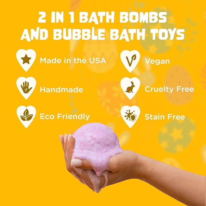 Easter Bath Bombs for Kids with Surprise Squishy Toys Inside (1 Pack) - Easter Basket Essentials and Stuffers - Releases Bubbles & Colors, Moisturizing, Large Bath Bomb for Girls & Boys by Two Sisters