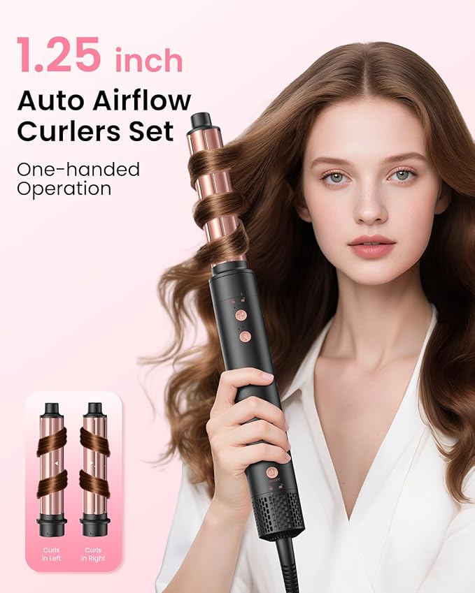 5 in 1 Hair Dryer Brush Blow Dryer, High-Speed Blowout Brush Set with 2 Auto Wrap Curlers for Curling, Straightening, Volumizing, Fast Drying & Frizz-Free Styling for All Hair Types