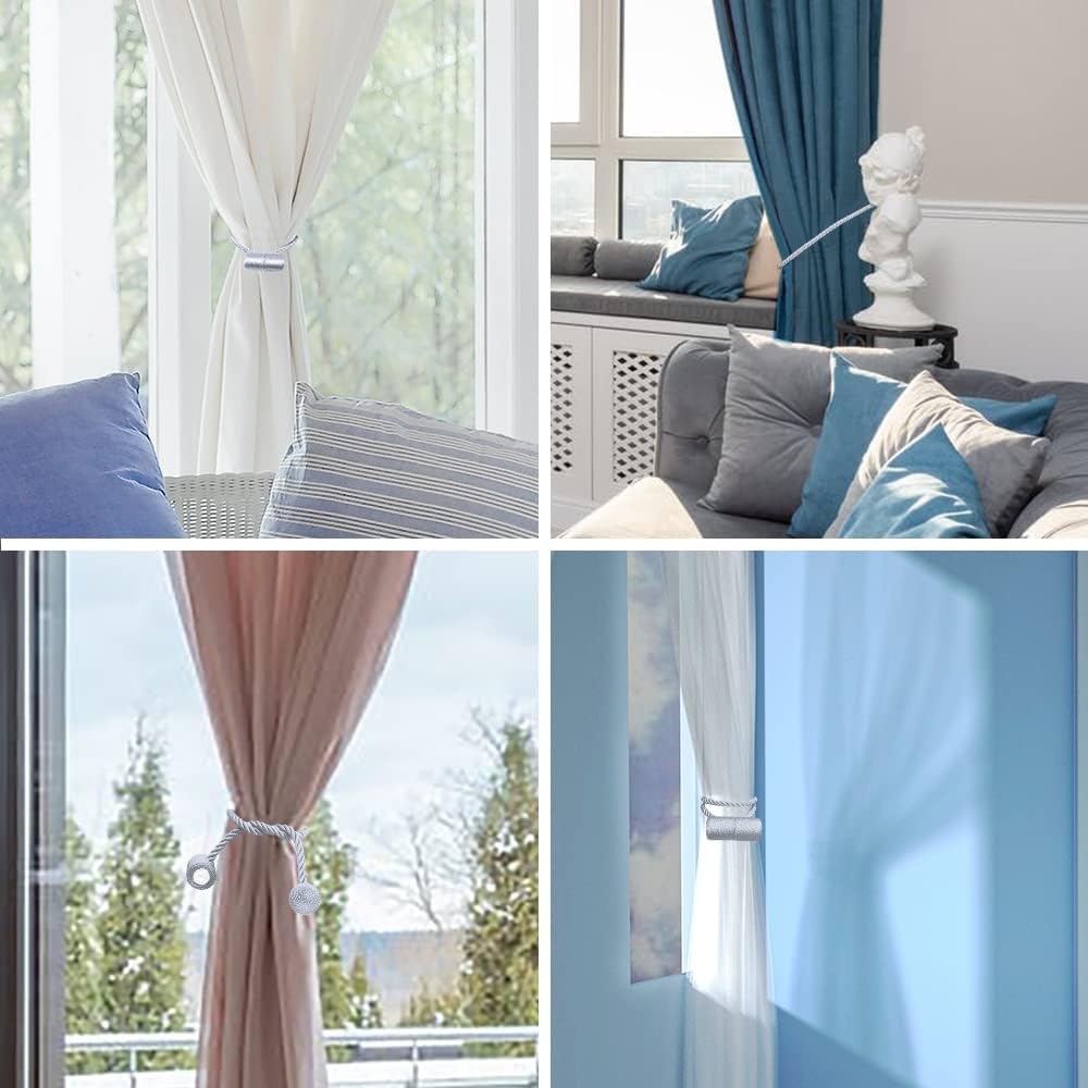 18 Inch Strong Magnetic Curtain Tiebacks, Curtain Holdbacks Modern Upgrade Strong 2021 New Twisted Style Decorative Drapery Rope Tie Backs(2 Pack Silver Grey)