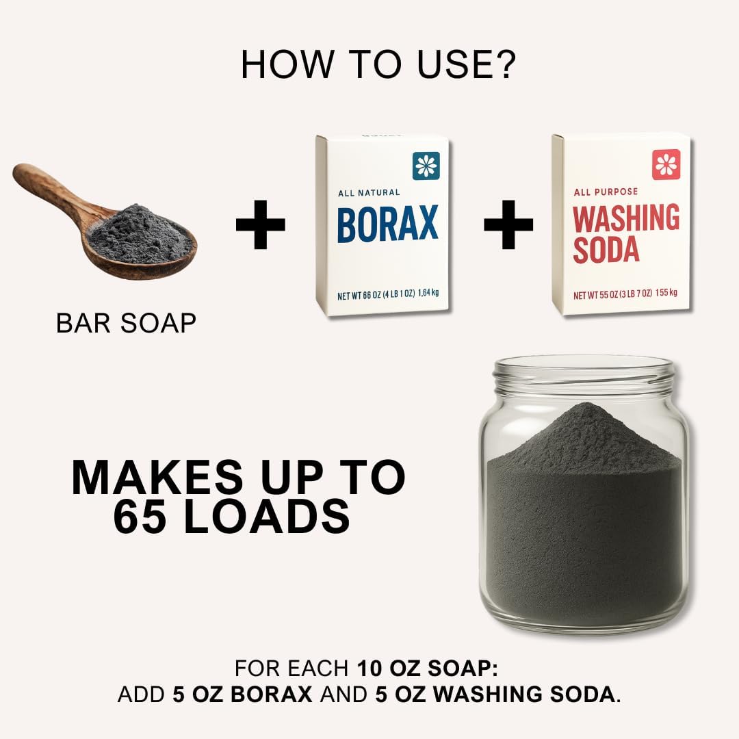 Charcoal Laundry Detergent Booster Powder – Concentrated Ground Bar Soap | Mix With Borax & Washing Soda for Deep Clean of 65 Loads | Unscented Result, Stain-Fighting, Natural, Eco-Friendly