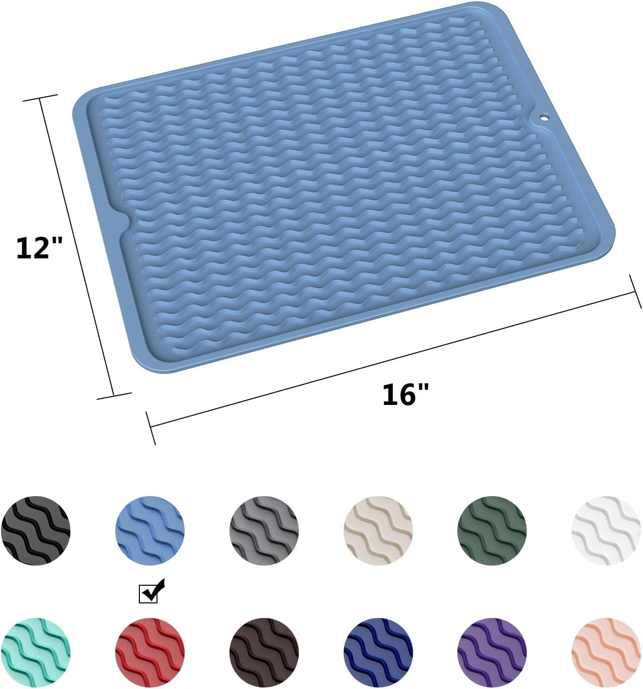 ZLR Silicone Dish Drying Mat for Kitchen Counter, Eco-Friendly Fast Dry Dish Mat, Easy Clean Multi Usage Drying Matt, Heat Resistant Trivet, 12" x 16" Large, Lichen Blue