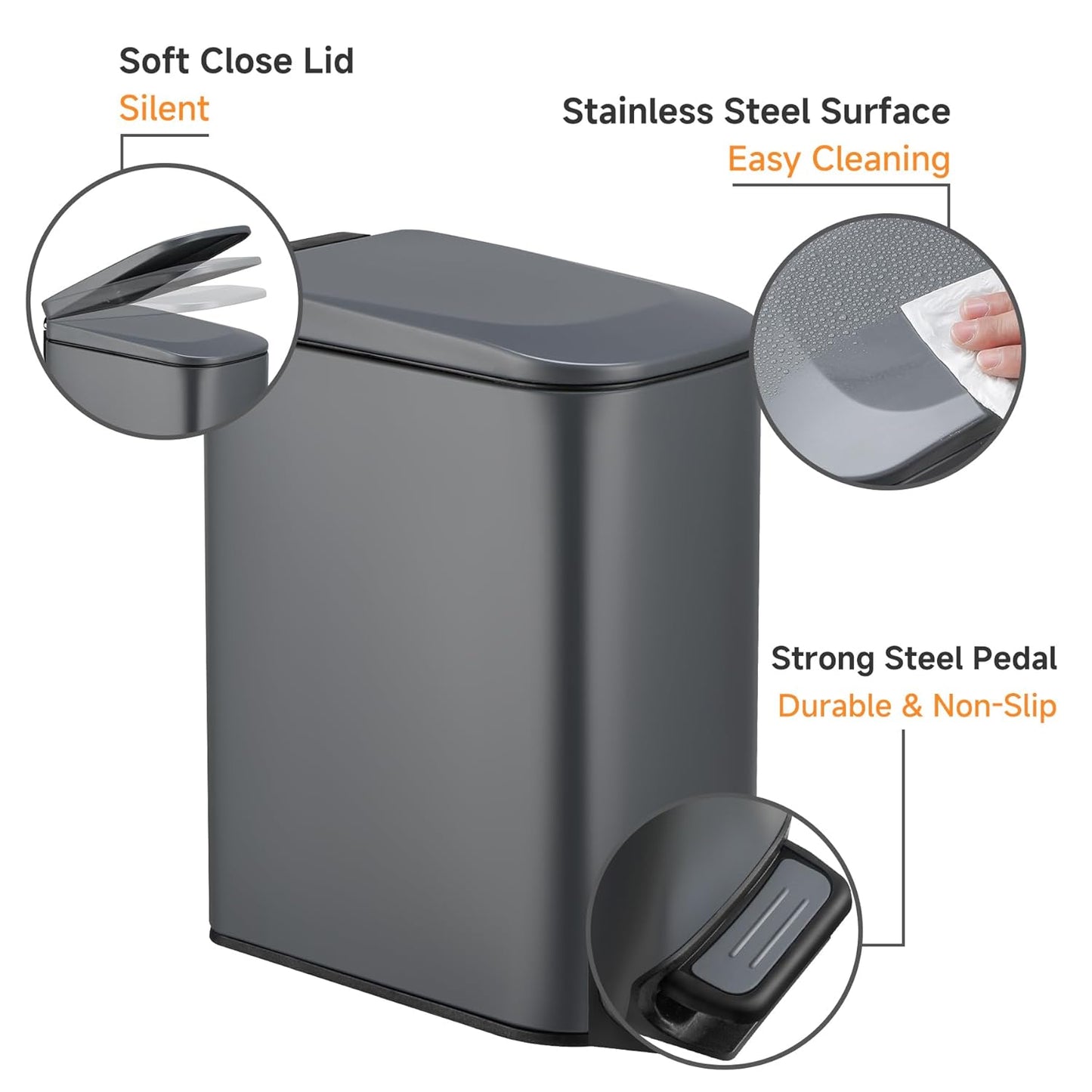 TIPGO Slim Bathroom Trash Can with Lid Soft Close, 6 Liter / 1.6 Gallon Stainless Steel Garbage Can with Removable Inner Bucket, Step Pedal, Small Trash Cans for Bedroom, Office, Kitchen (Grey)