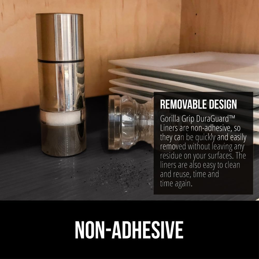 GORILLA GRIP DuraGuard Shelf Liner, 17.5x30 Non-Adhesive Cabinet Liners for Kitchen Drawers, Shelves, Refrigerator, Pantry Storage, Bathroom Closet, Durable Waterproof BPA Free Ribbed Plastic, Black