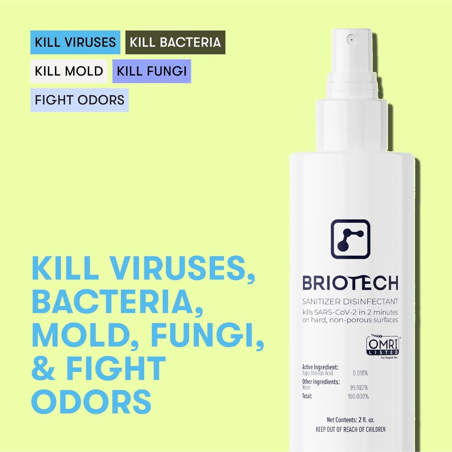 BRIOTECH Sanitizer Disinfectant Hypochlorous Spray, Kill 99.99% of Viruses & Bacteria, Control Mold, Eliminate Odor, Gentle for Nursery & Play Rooms, Food Contact Surface Sanitizer, 32 fl oz