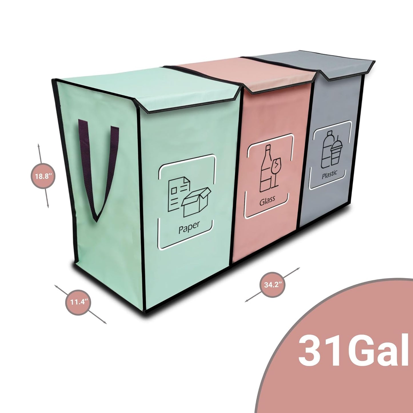 NYIKA - Recycling Organizer - Reusable Recycling Bags - Recycling Sorter - Trash Sorting Bins - 3 Compartment Recycle - Pack of 3 Bags with Lid (Mediterranean)