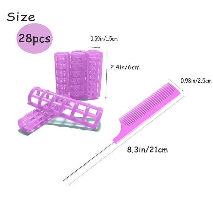 28PCS Plastic Hair Rollers Set 1.5cm/0.6in Heatless Hair Rollers Hair Curlers Snap on Rollers Self Grip Rollers Hairdressing Curlers Tools for DIY Hairdressing Hair Salon（purple）