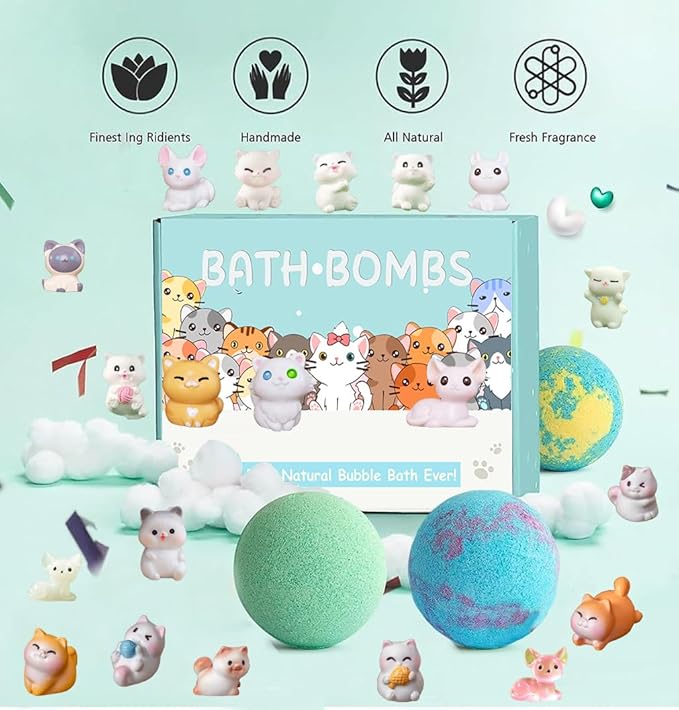 Kids Bath Bombs with Surprise Inside, 20 Pack Bring Dog and cat Toys Gift Set, Natural Organic Bubble Bath Foam Bath