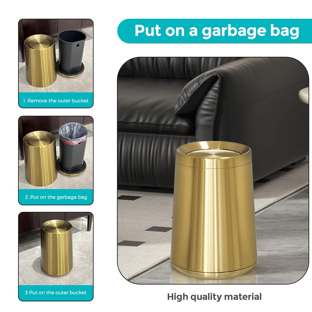 8L / 2.1Gal Gold Brushed Stainless Steel Trash Can with Swing Cover,Gold Bathroom Trash can ，Decorative Garbage Can for Bathroom, Living Room, BedroomOffice, Hotel, RV (32A gold-8L)