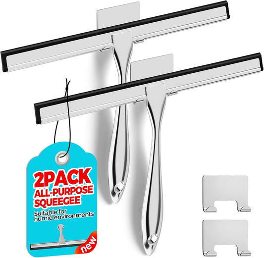 2PACK 12-Inch All-Purpose Shower Squeegee for Shower Doors, Tile Shower Walls, Bathroom, Window, Glass and Car Windshield, Mirrors and Kitchen-Stainless Steel, Silver