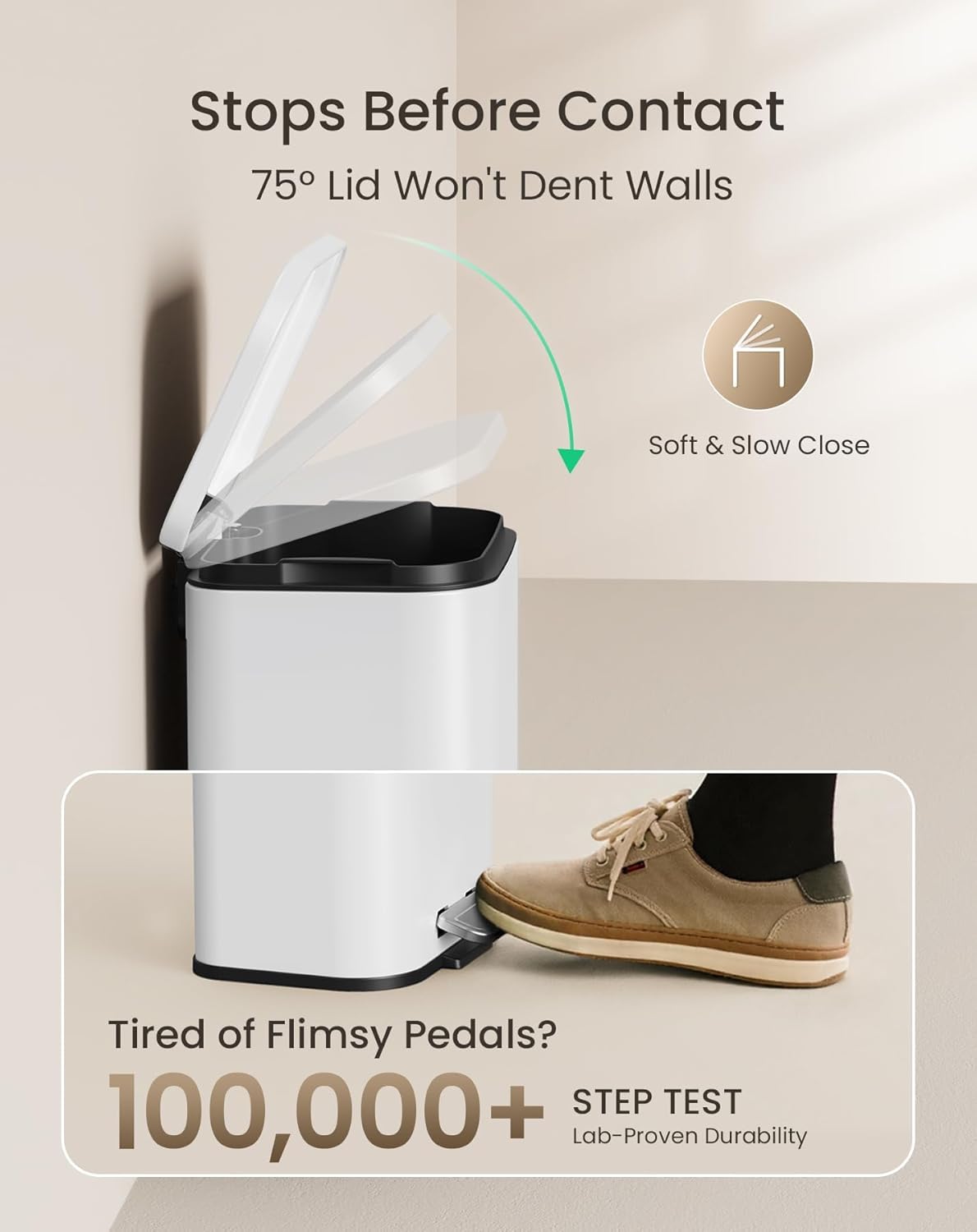 Cesun Small Bathroom Trash Can with Lid-1.3 Gal, Outdoor Stainless Steel Garbage Can for Dog Poop with Anti-Slip Base, for Bathroom, Bedroom, Office, RV, Living Room, White