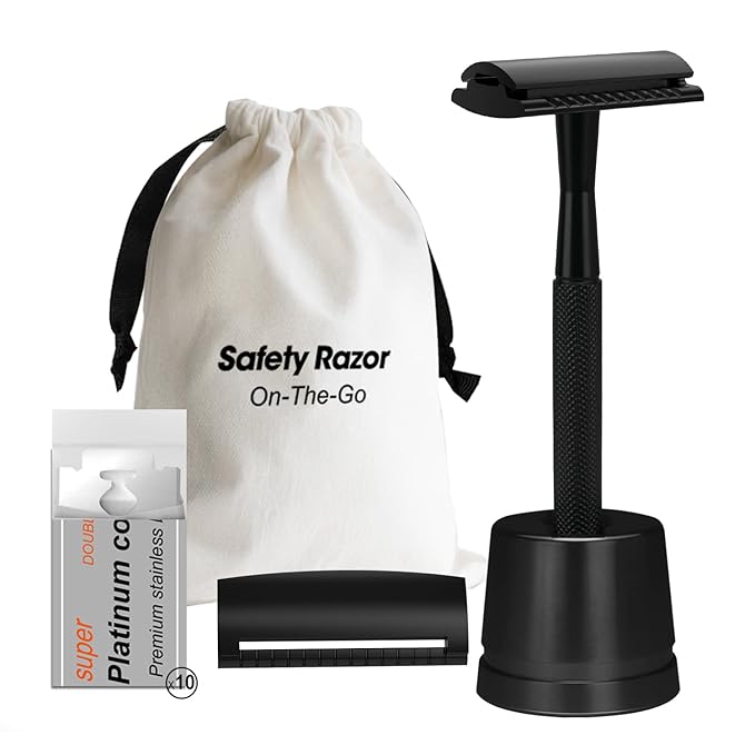 Safety Razor with Stand - Single Blade Razors for Men and Women - Reusable Metal Razor, with 10 Double Edge Blades, Smooth Close Shave, Plastic Free, Matte Black
