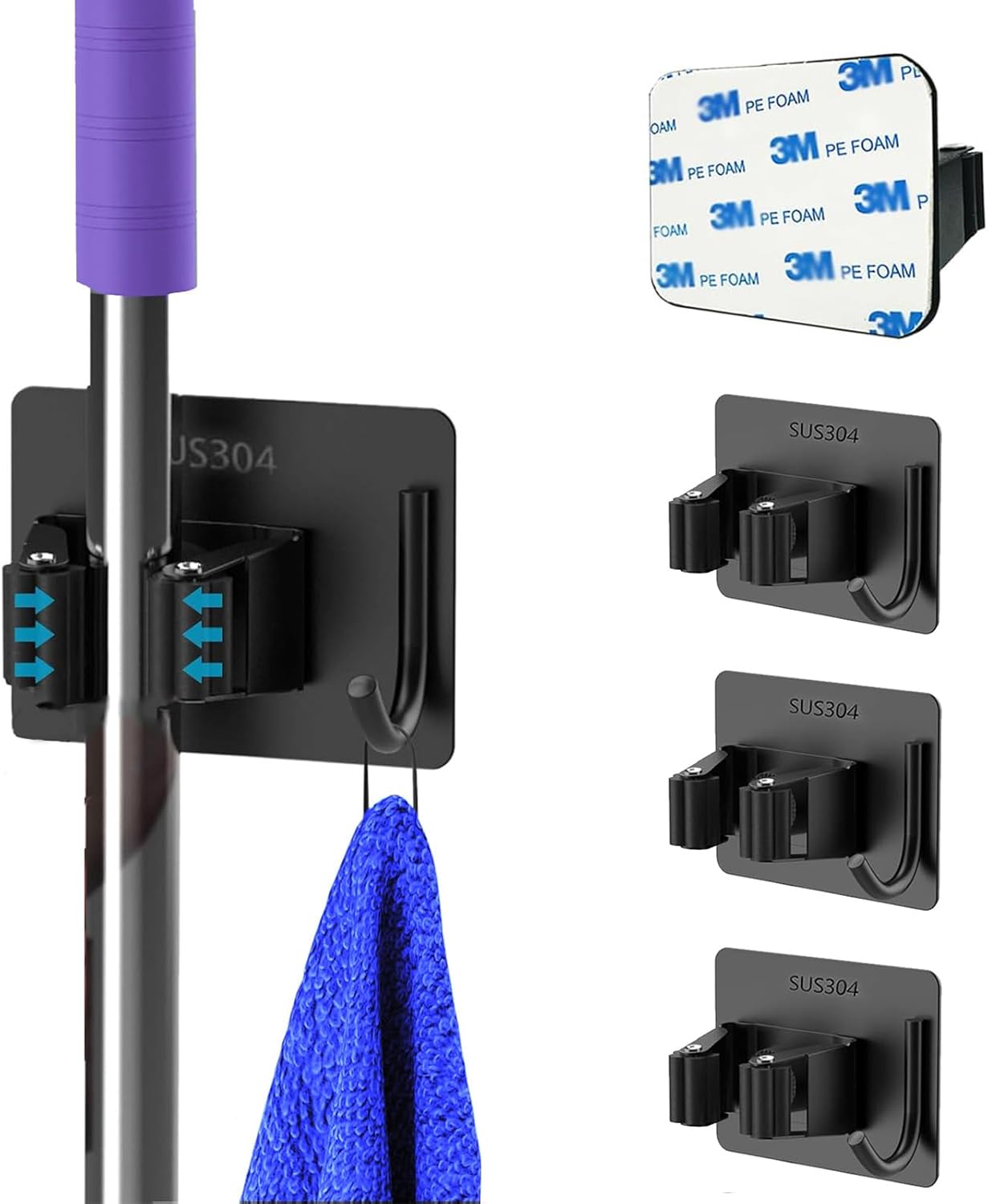 3 Pack Broom Holder Wall Mount,Stainless Steel Broom Holder with Hooks Screw, No Drill Self Adhesive Hanger Tool Rack Organizer for Closet Garage Laundry Room Kitchen Decor (Black) (3)