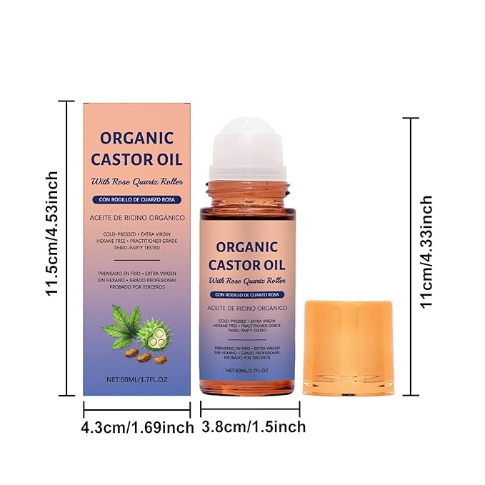 Organic Castor Oil with Rose Quartz Roller, Cold-Pressed, 100% Pure Natural Formula for Skin, Hair Care, Hexane-Free.1.7 Fl Oz